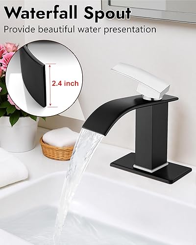 Miniatura 2 de Midanya Grifo de lavabo de baño en cascada, mango cromado pulido, negro mate, boquilla ancha, montaje en cubierta, grifo mezclador de lavabo de