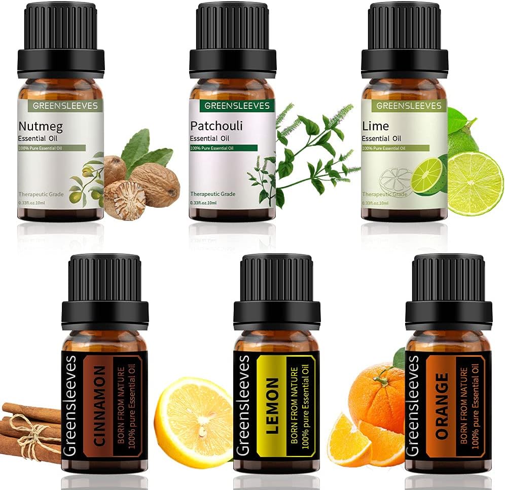 GREENSLEEVES Essential Oil Set for Diffusers, Cinnamon, Lemon, Orange, Nutmeg, Lime and Patchouli Essential Oil Set, Pure Organic Aromatherapy Diffuser Oils 6 Pack