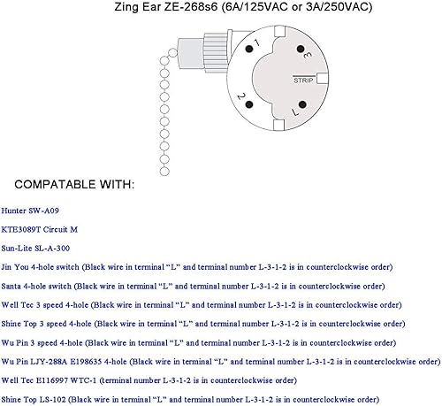 Miniatura 4 de Interruptor de luz de ventilador de techo, interruptor de cadena Zing Ear Pull Chain Switch ZE-109, velocidad de encendido y apagado con cadena de