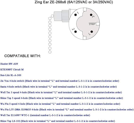 Ceiling Fan Switch Zing Ear Pull Chain Switch ZE-268S6 3 Speed 4 Wire Pull Chain Switch Control Ceiling Fan Replacement Speed Control Switch (Bronze)