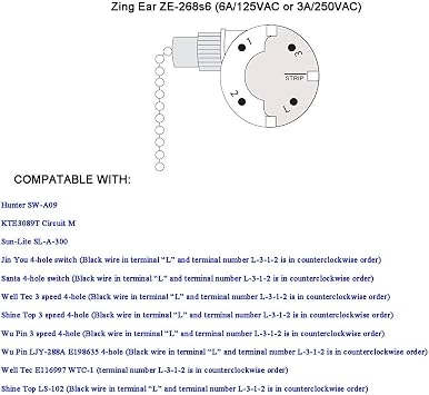 Ceiling Fan Switch Zing Ear Pull Chain Switch ZE-268S6 3 Speed 4 Wire Pull Chain Switch Control Ceiling Fan Replacement Speed Control Switch (Bronze)