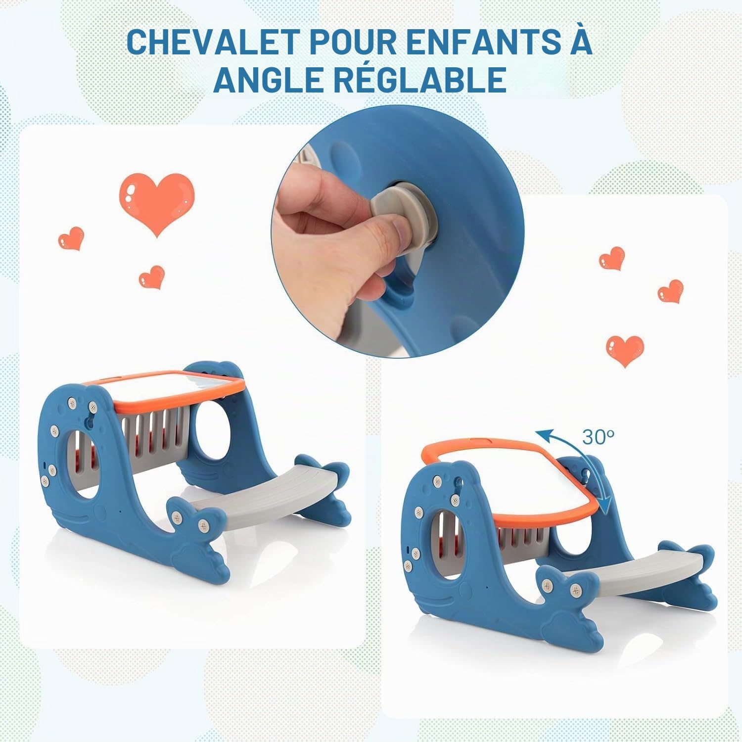 FANTASK Chevalet pour enfants avec plateau de table, tableau blanc et banc, 4 en 1, bleu, double face, en forme de baleine, table de coloriage pour enfants à partir de 1 an