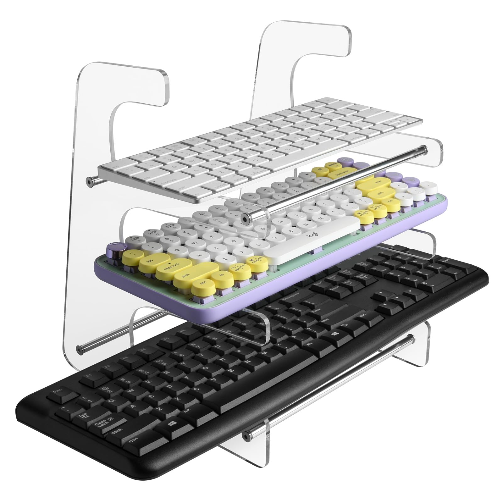 CaSZLUTION Acrylic Keyboard Holder Storage Rack, 3-Tier Keyboard Display Stand, Mechanical Gaming Keyboard Shelf Desktop Organizer - Clear