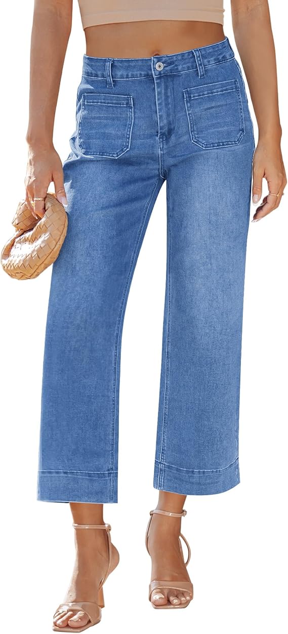 LookbookStore Wide Leg Cropped Jeans for Women High Waisted Stretchy Denim Pants Baggy Flare Trouser Jeans Front Pockets