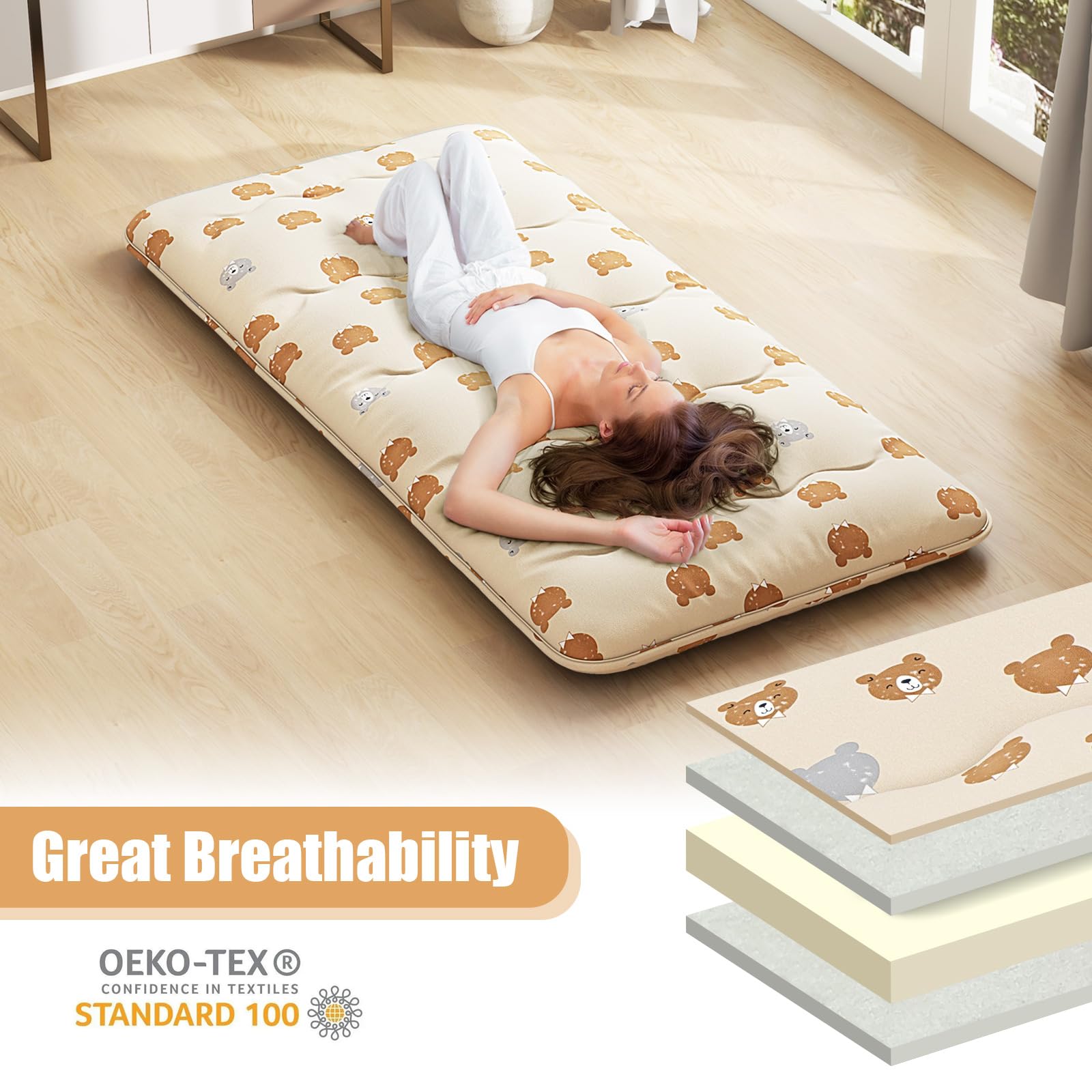 GIANTEX Materasso da pavimento Futon Giapponese, Tappetino Tatami Pieghevole e Portatile, Materasso Pieghevole con Borsa da Trasporto e Fodera Rimovibile (Beige+Orso, 90 x 200 cm)