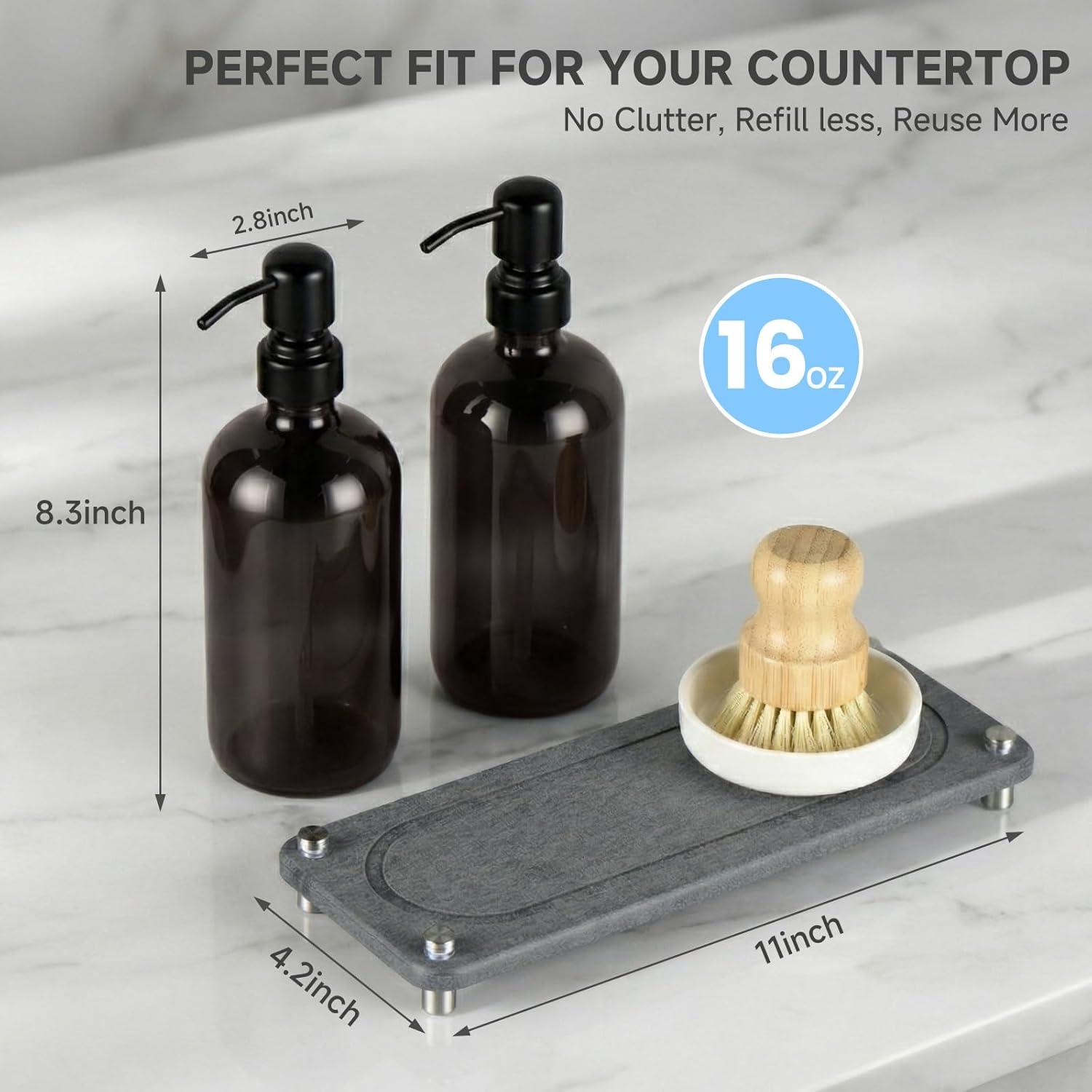 2 Pack Kitchen Soap Dispenser Set - 16oz Black Glass Dish and Hand Soap Dispenser with Stainless Steel Pump, Instant Dry Tray, Dish Brush & Holder, Refillable Countertop Sink Decor for Kitchen & Bath