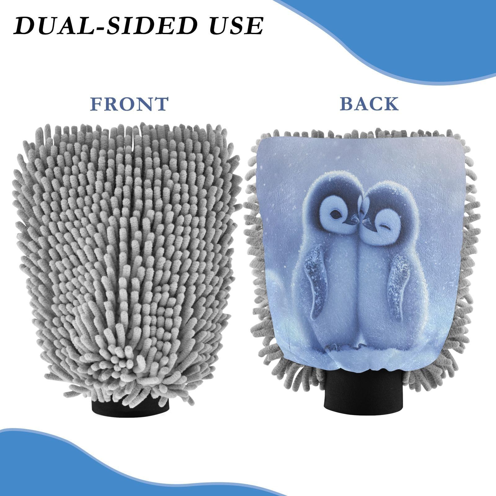 STAYTOP Two Cute Snow Penguins Car Wash Mitt Microfiber, 2Pcs Scratch Free Lint-Free, Premium Chenille Microfiber Mitt Car Wash Brush-L