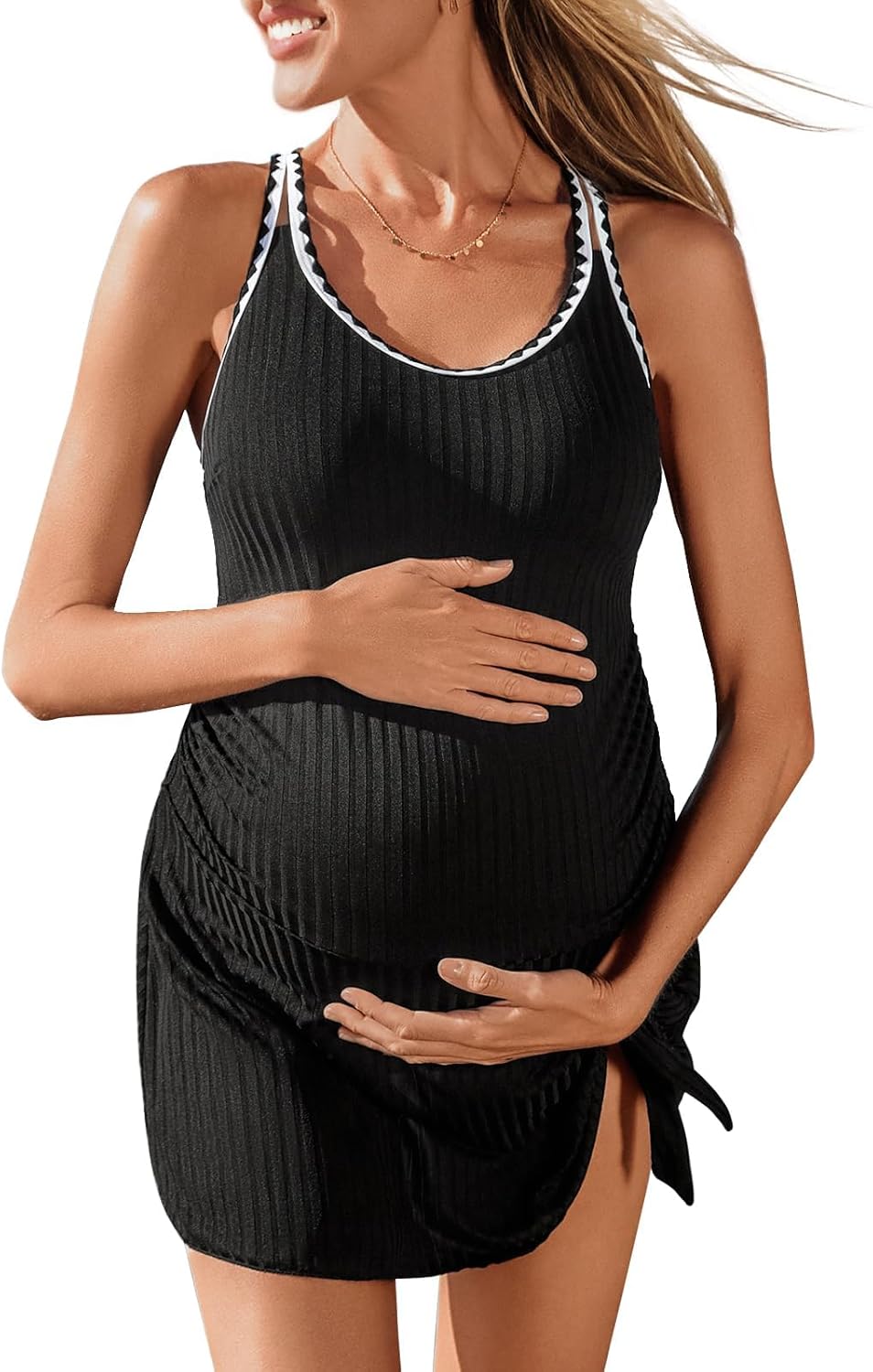 Summer Mae Ribbed Maternity One Piece Swim Dress Pregnancy Swimsuit with Built-in Bottom Swimwear Tie Knot Skirt Bathing Suit