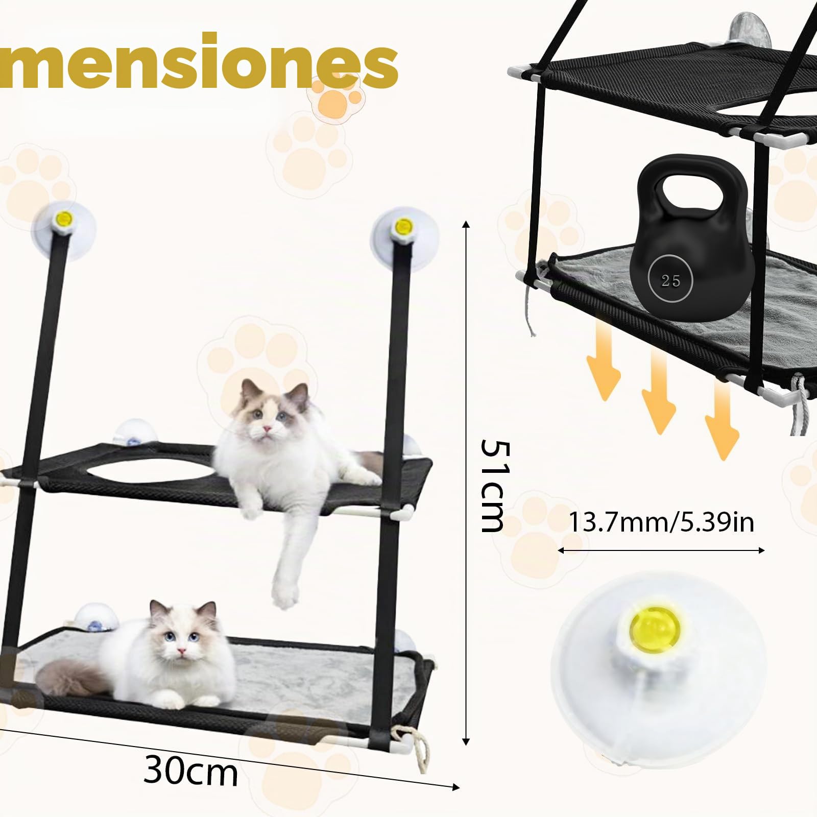 Doble Hamaca para Ventana de Gato,Asiento Soleado de Gatito con Fuerte Ventosa,Cama Colgante para Gatos,Soportar hasta 25kg,para Tomar la Siesta y Tomar el Sol