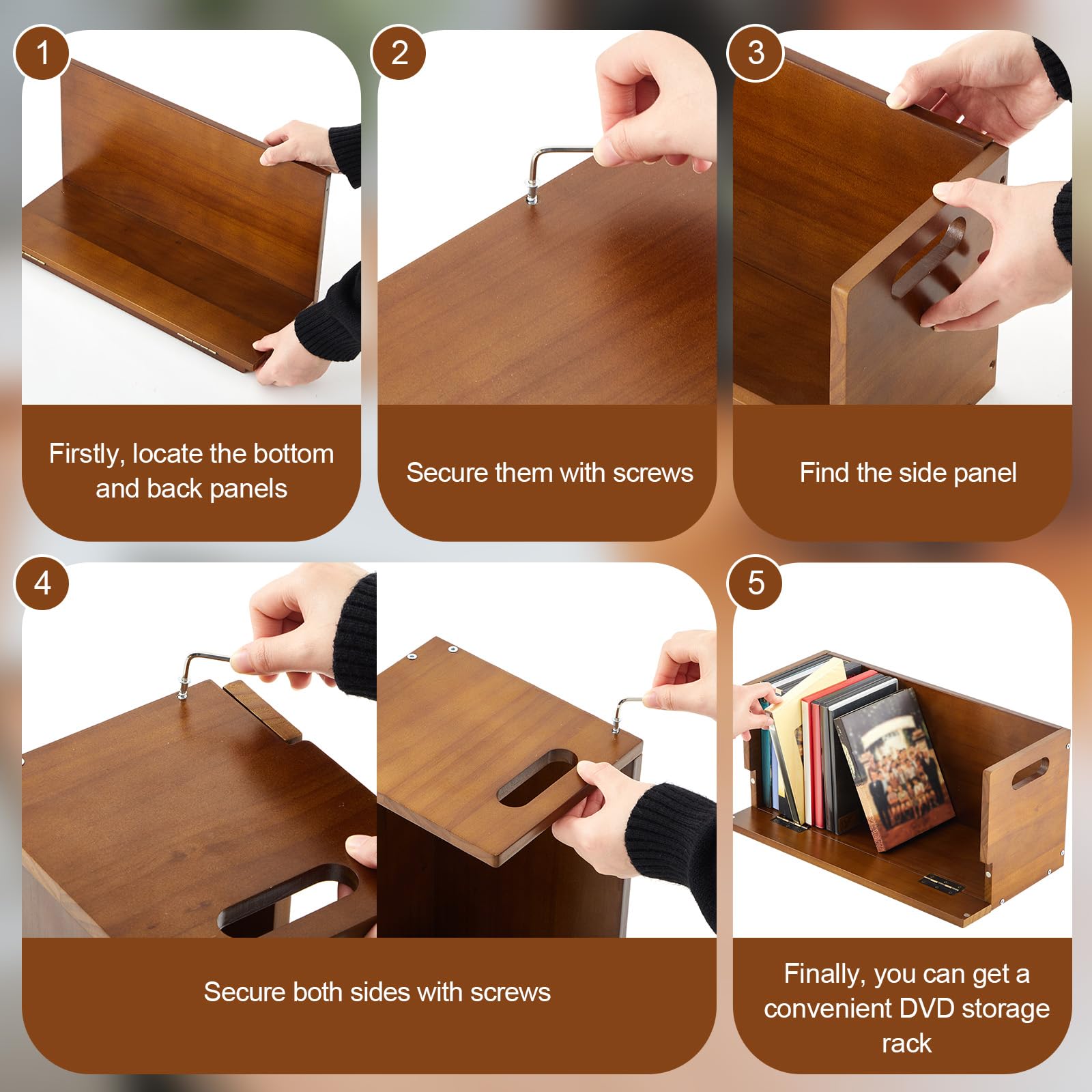 CroBlissful 2 cajas de almacenamiento de madera para DVD, soporte de almacenamiento de DVD, soporte de exhibición de cinta de casete con asa de transporte, estante organizador para fundas de
