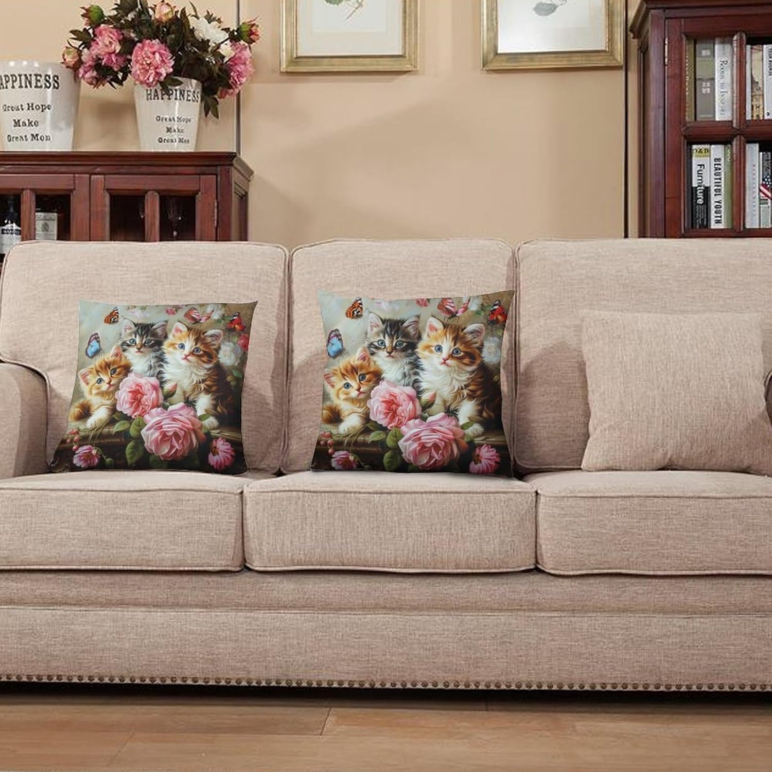 2 Packs Retro Rustic Kitten Throw Pillow Covers for Living Room, Butterfly Cat Glam Floral Fantasy Pillow Covers Cushion Case for Couch Sofa Bed, 20x20 inch
