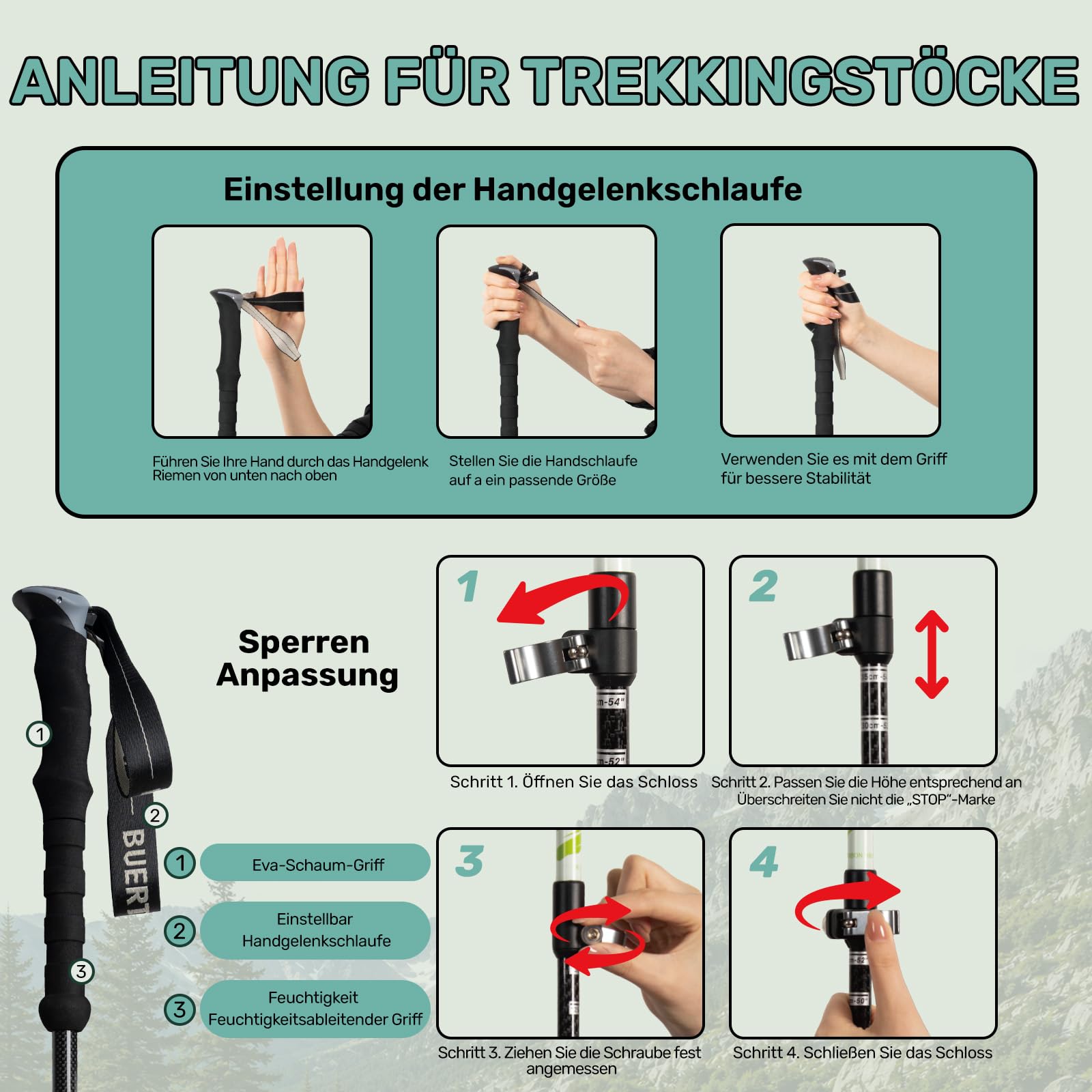 Carbon Trekkingstöcke 2er Set – Nordic Walking Stöcke Damen Herren, Wanderstöcke Teleskop Faltbar, Ultraleichte Walking Stöcke für Hiking Poles Trekking Wanderstock.