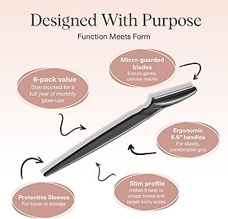 Kitsch Dermaplane Razor for Women Face – Face Razors for Women & Men, Eyebrow Trimmer & Face Shaver – Exfoliating Facial Razor & Skin Care Tool for Smoother Skin - Black, 6 pcs