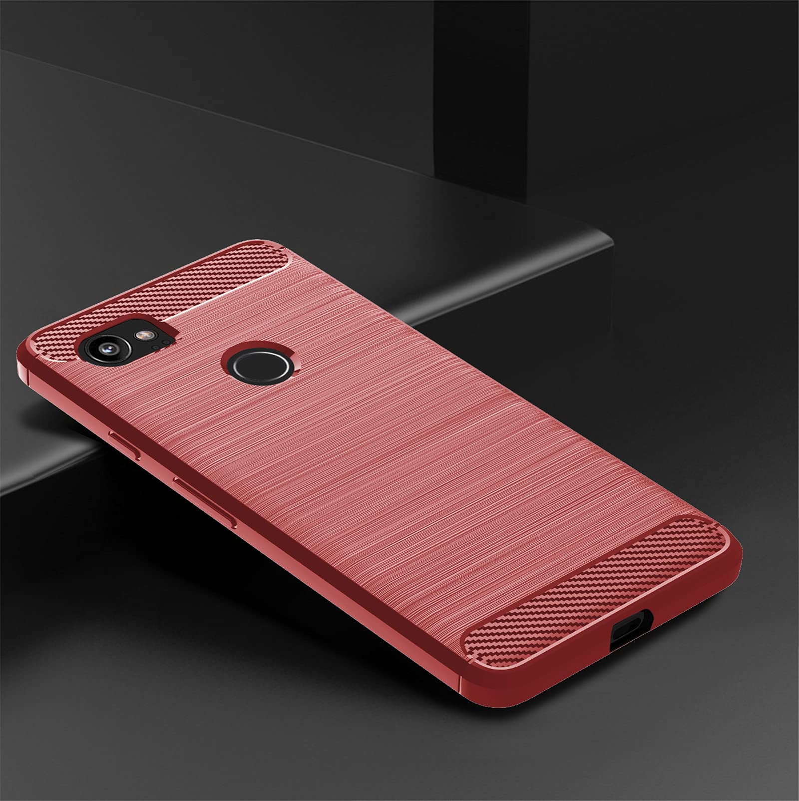 Asuwish Compatible with Google Pixel 2XL Case Tempered Glass Screen Protector Cover and Cell Accessories Slim Silicone Protective Phone Cases for Pixle 2 XL Pixel2XL Pixel2 2LX Carbon Fiber Red
