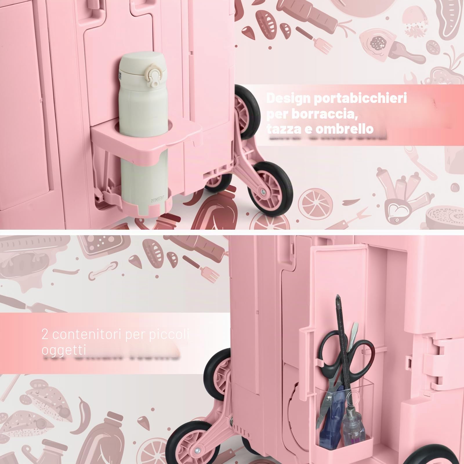 LexonElec x SELORSS Carrello della Spesa Pieghevole con Ruote Saliscale, Manico Telescopico Regolabile in Alluminio e Coperchio, Scatola Utile Pieghevole, Carrello Portatile, 90KG/76L - Rosa Bianco