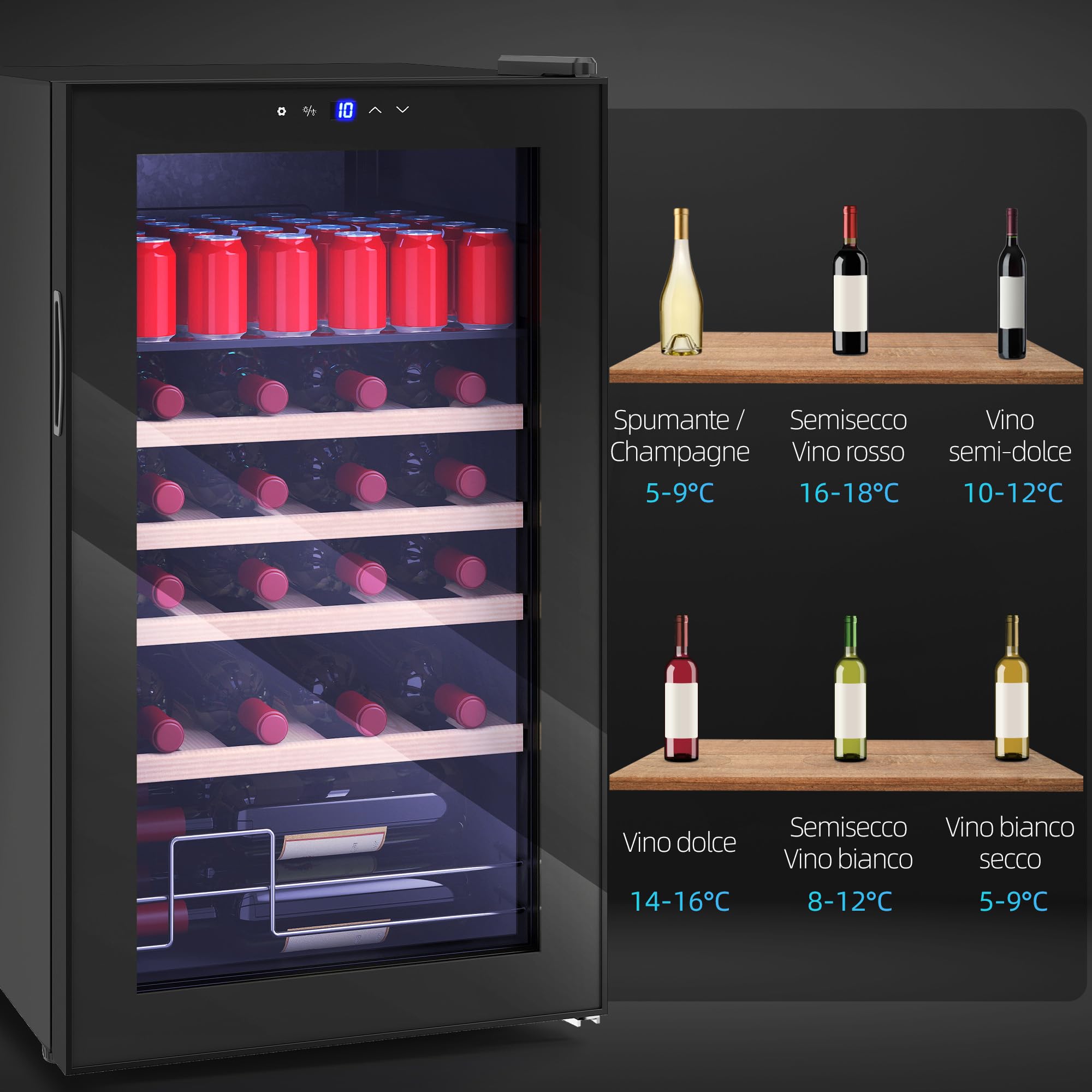 HOMCOM Cantinetta Vino Refrigerata 16 Bottiglie 63L Cantina Vino Silenziosa Temperatura Regolabile 5-18℃ Frigo Vino Bar con Vetro Anti UV, Ripiani, Compressore, Display Touch, Luci LED, Classe G