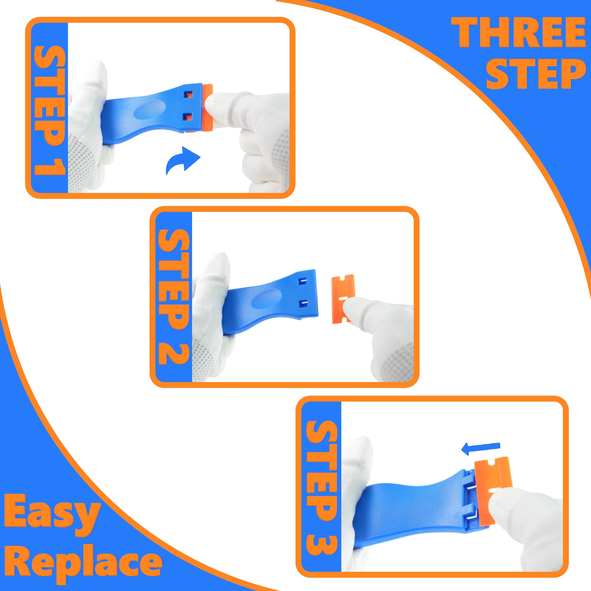 2 Pack Non-Scratch Plastic Scrapers, 8 Replacement Razor Blades, House & Car Cleaning Tool for Glass, Cooktop, Oven, Stove, Remove Stain, Paint, Glue (orange blue) — Amazon image 3