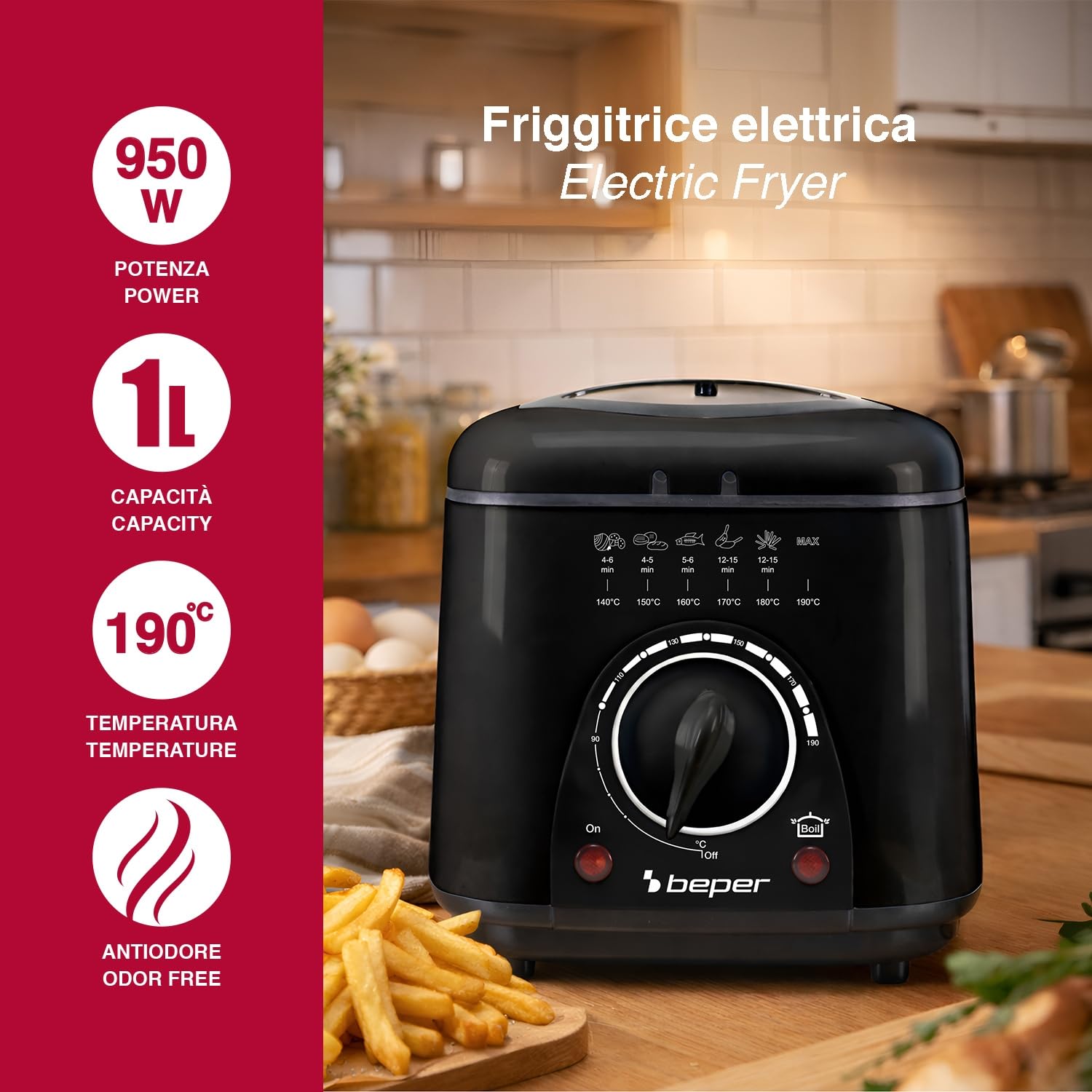 BEPER P101FRI100 MINI Freidora eléctrica 1L, 850-950W, Cesta de acero extraíble, Tapa con ojo de buey, Filtro lavable extraíble, Temperatura regulable, Pies antideslizantes, Negro