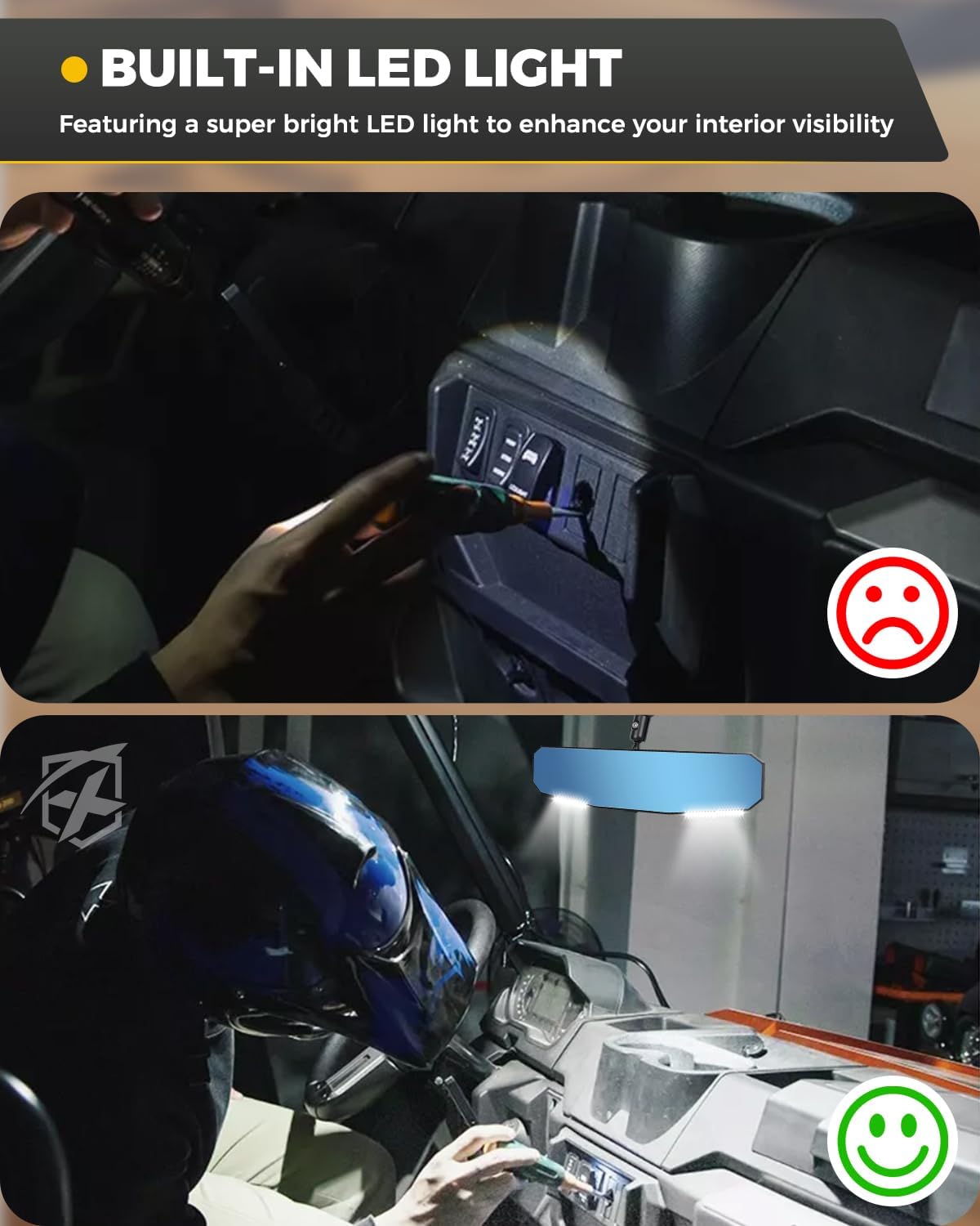 Xprite 13" UTV Rear View Mirror, SXS UTV Center Mirror w/Interior Lights Adjustable Aluminum Clamp Fits 1.5"-2" Mount Compatible with Polaris Ranger/RZR/Pioneer/Talon/Teryx/Mule/Can Am X3/ CFMOTO