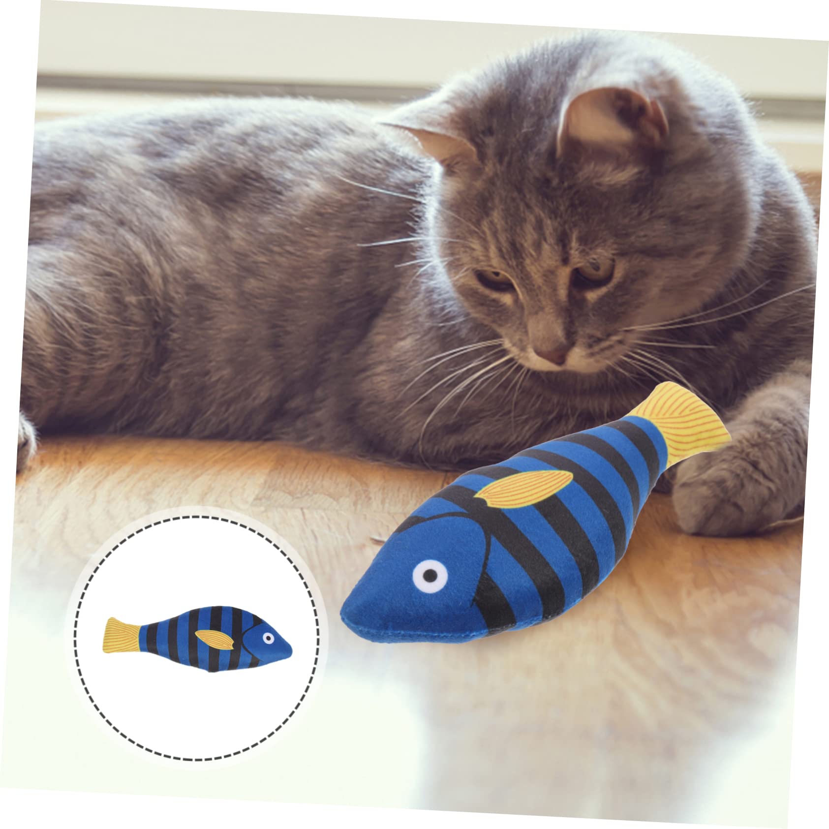 YARNOW Jouet Poisson-Chat à l'herbe à Chat Biologique Peluche Douce, Taille Moyenne, Bleu Rayé, pour Jeu Intérieur et Stimulation Dentaire, Convient aux Chatons et Chats Adultes