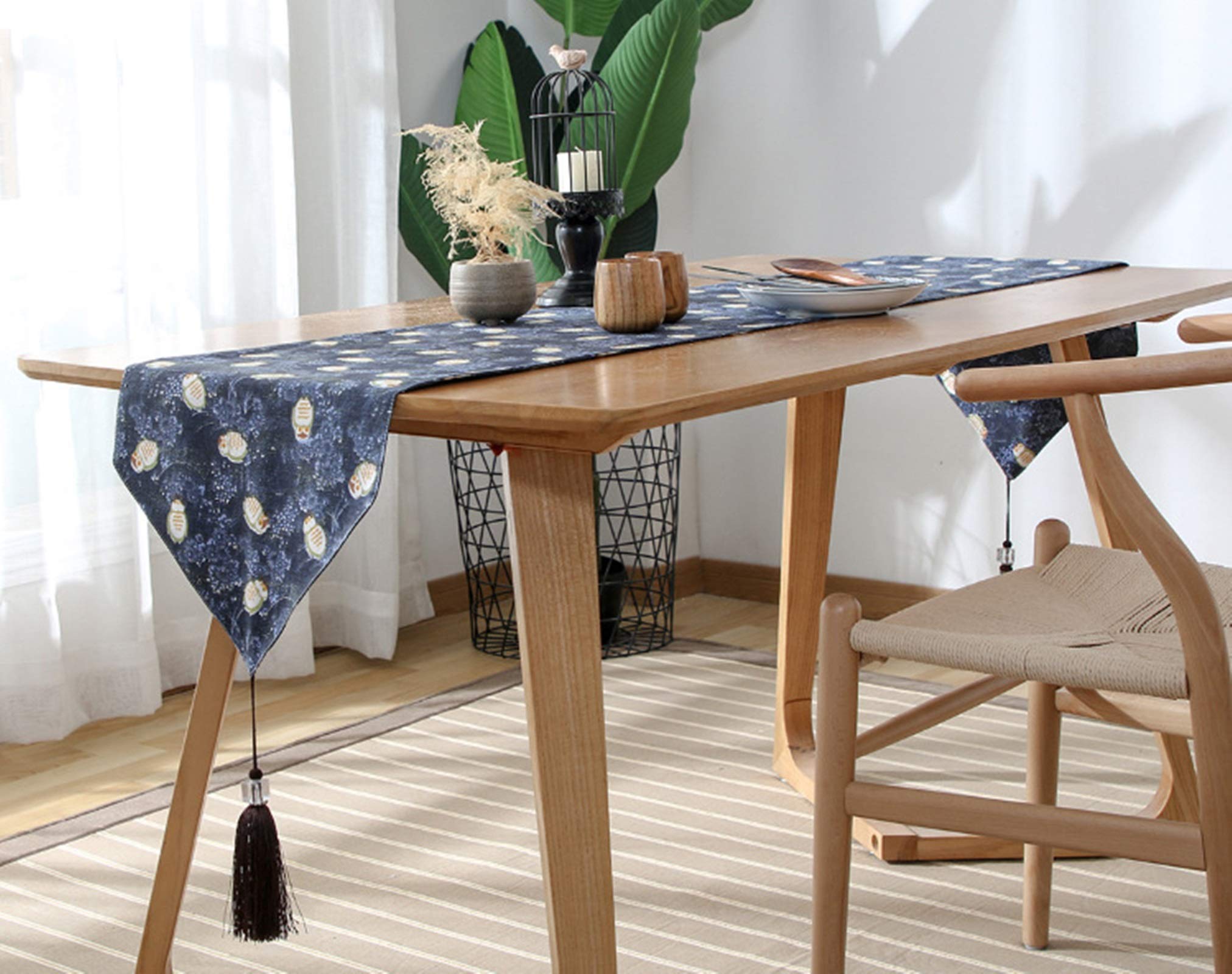 Eleganter Tischläufer Modern, Baumwolle Tischläufer Abwaschbar Wohnzimmer Tischläufer Weihnachten Vintage Blumen Eulen Marineblau 33x200CM
