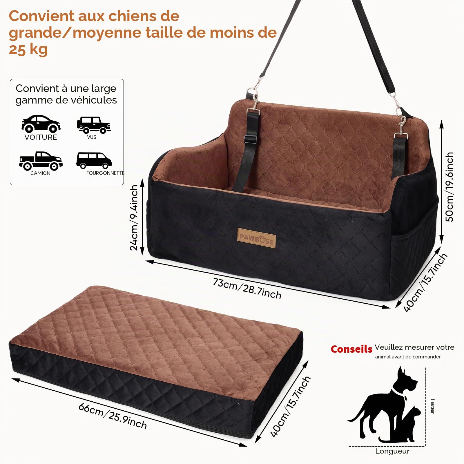 PAWBOSE Siège auto pour chien de taille moyenne/grande de moins de 25 kg ou 2 petits chiens, rembourrage en tissu doux, rembourrage en mousse à mémoire de forme, siège de voiture confortable amovible