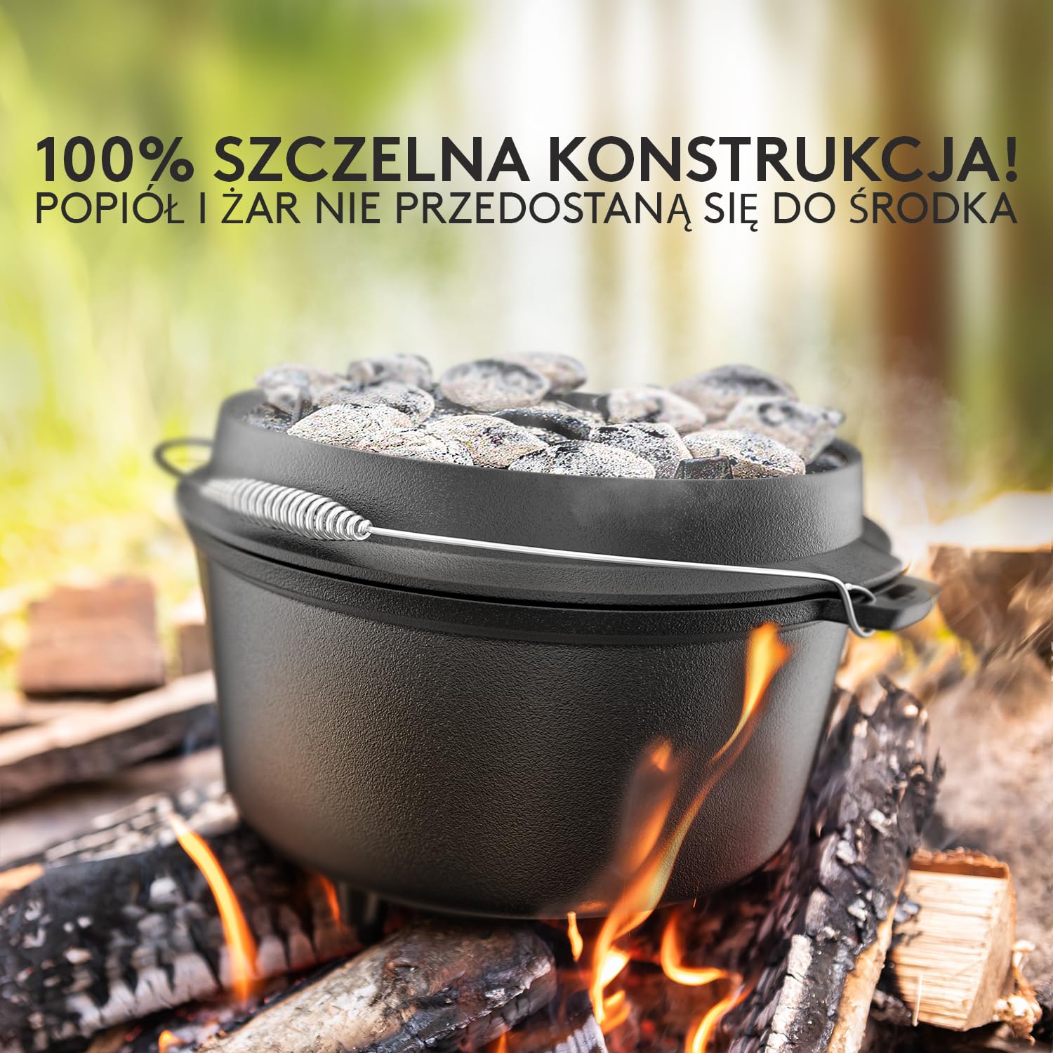 Taste of Fire [Oryginał] - Zestaw Kociołka Żeliwnego Dutch Oven 7,4L z Nóżkami i Pokrywą 1,8L o Podwójnej Funkcji jako Patelnia Grillowa – w zestawie Podnośnik do Pokrywy