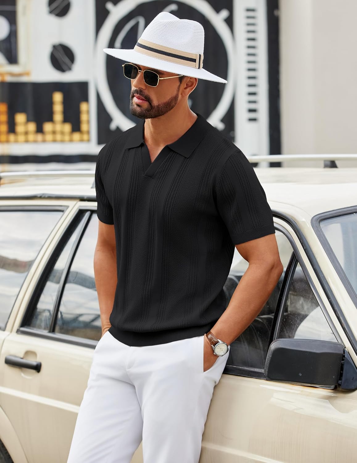 COOFANDY Mens Knit Polo Shirts V Neck Textured Polo Shirts Short Sleeve Breathable Polo Casual Collared T Shirt Fashion Tops - Image 3