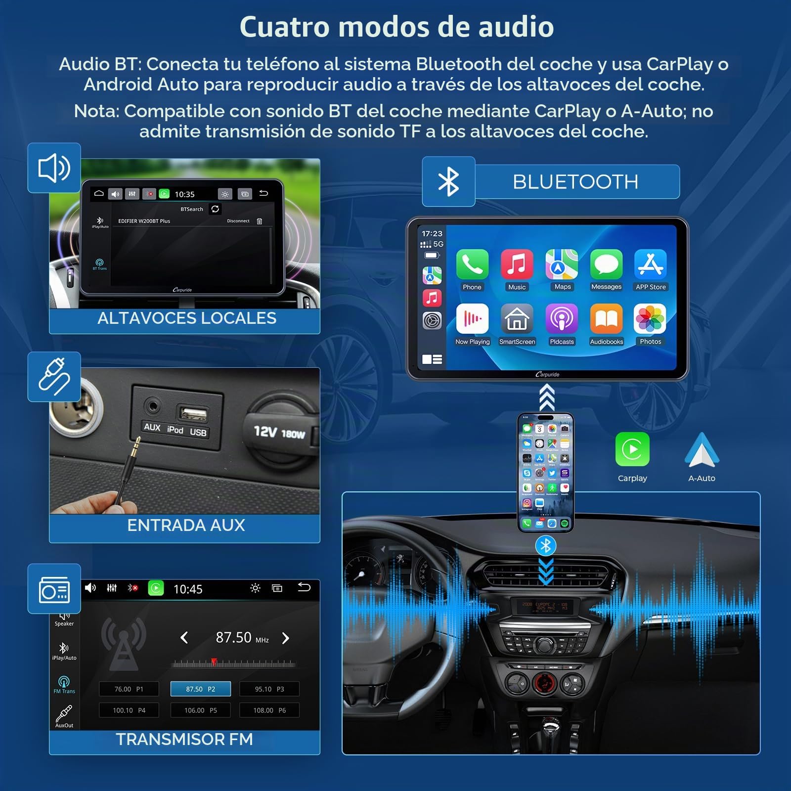CARPURIDE 7” CarPlay Inalámbrico/Cableado, Android Auto y Mirror Link | Reproductor de Coche con Cámara de Visión Trasera, Bluetooth 5.0/GPS/FM/Mirror Link/Siri, Montado en el Tablero