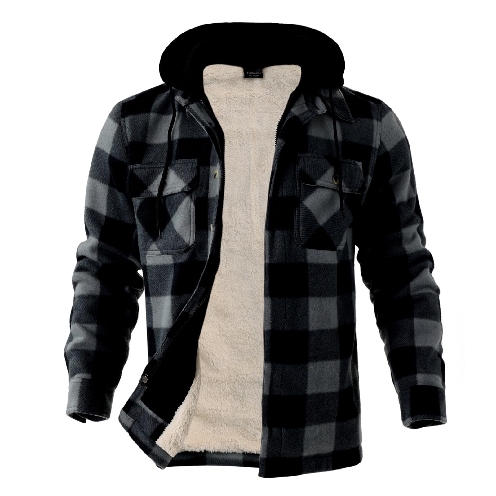 Mens Flannel Jackets Sherpa Lined Fleece Zip Up Winter Warm Workout Plaid Sweatshirt with Hood