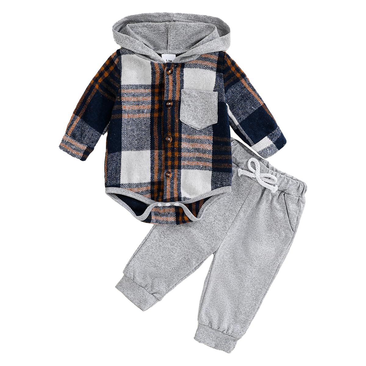 Vêtement Nouveau-né Garçon Color Block Manches Longues Body à Carreaux et Capuche +Pantalon Long Déchiré 2 Pièces Printemps Automne Ensemble