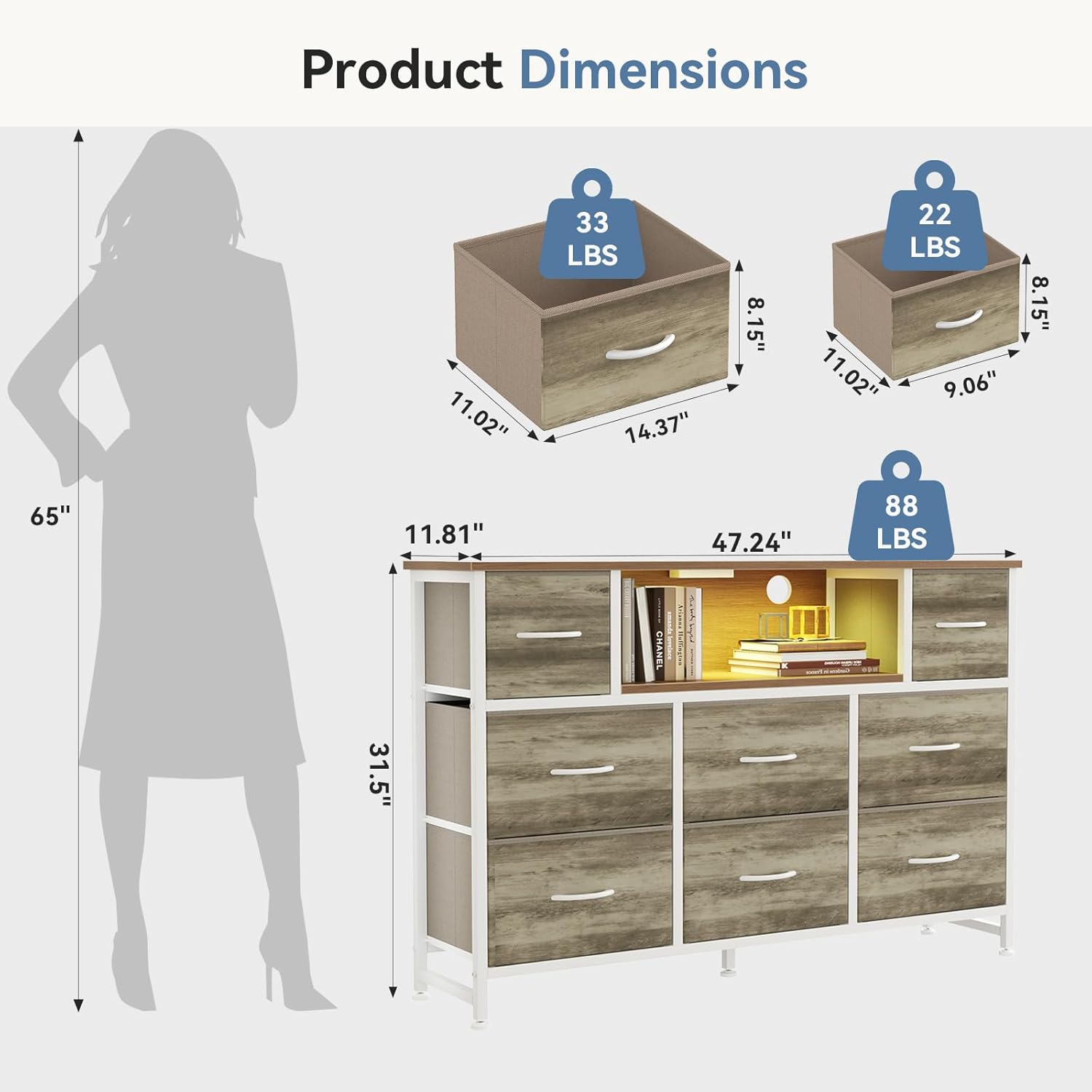 DUMOS TV Stand Dresser with 8 Fabric Drawers and Open Shelves, LED Entertainment Center with Charging Station, Wood Top Media Console for 45-55 inch, Bedroom, Greige Oak