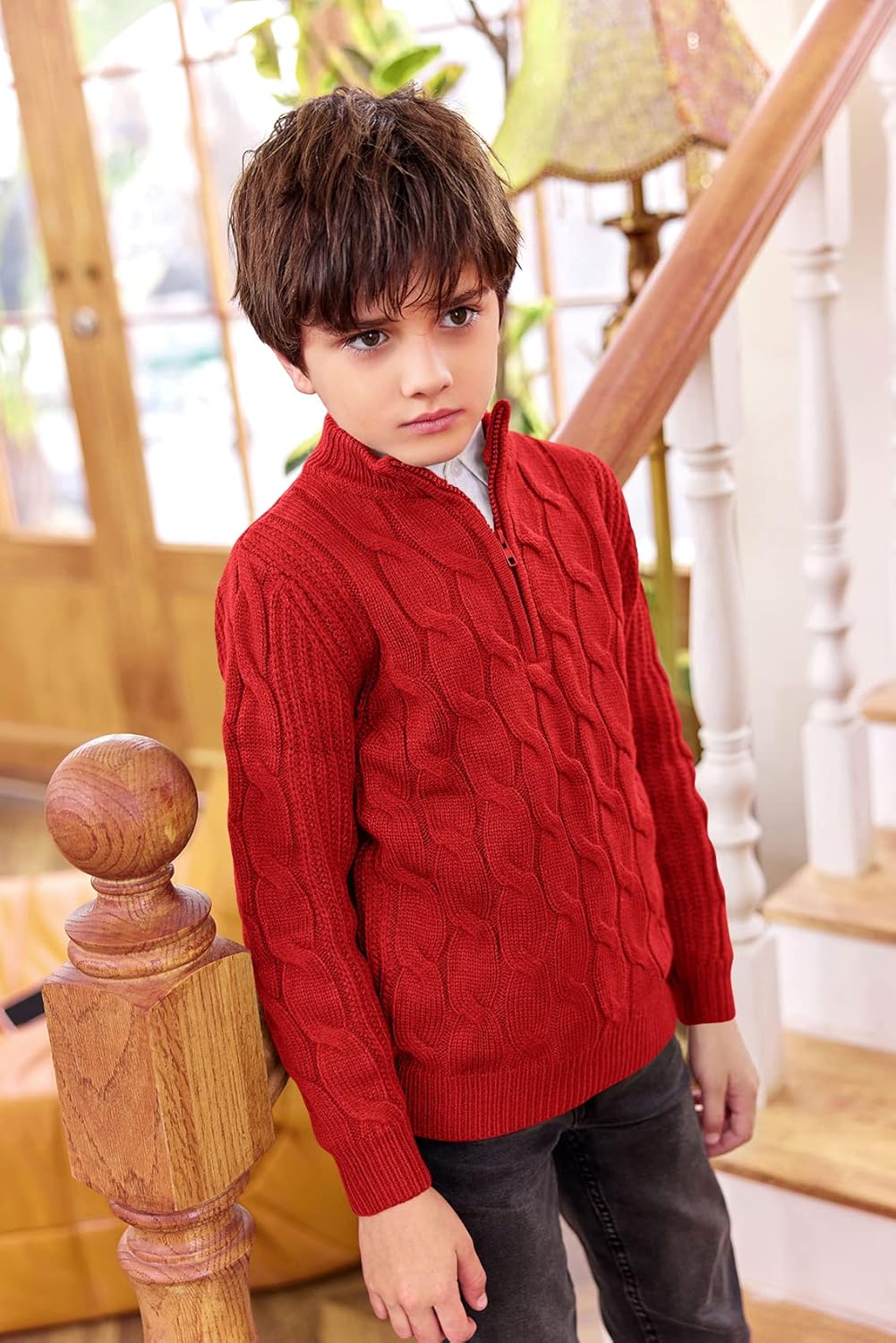 Boys 1/4 Zip Pullover Sweater Long Sleeve Solid Cable Knit Top Fall Winter Jumper 4-14Y - Image 5
