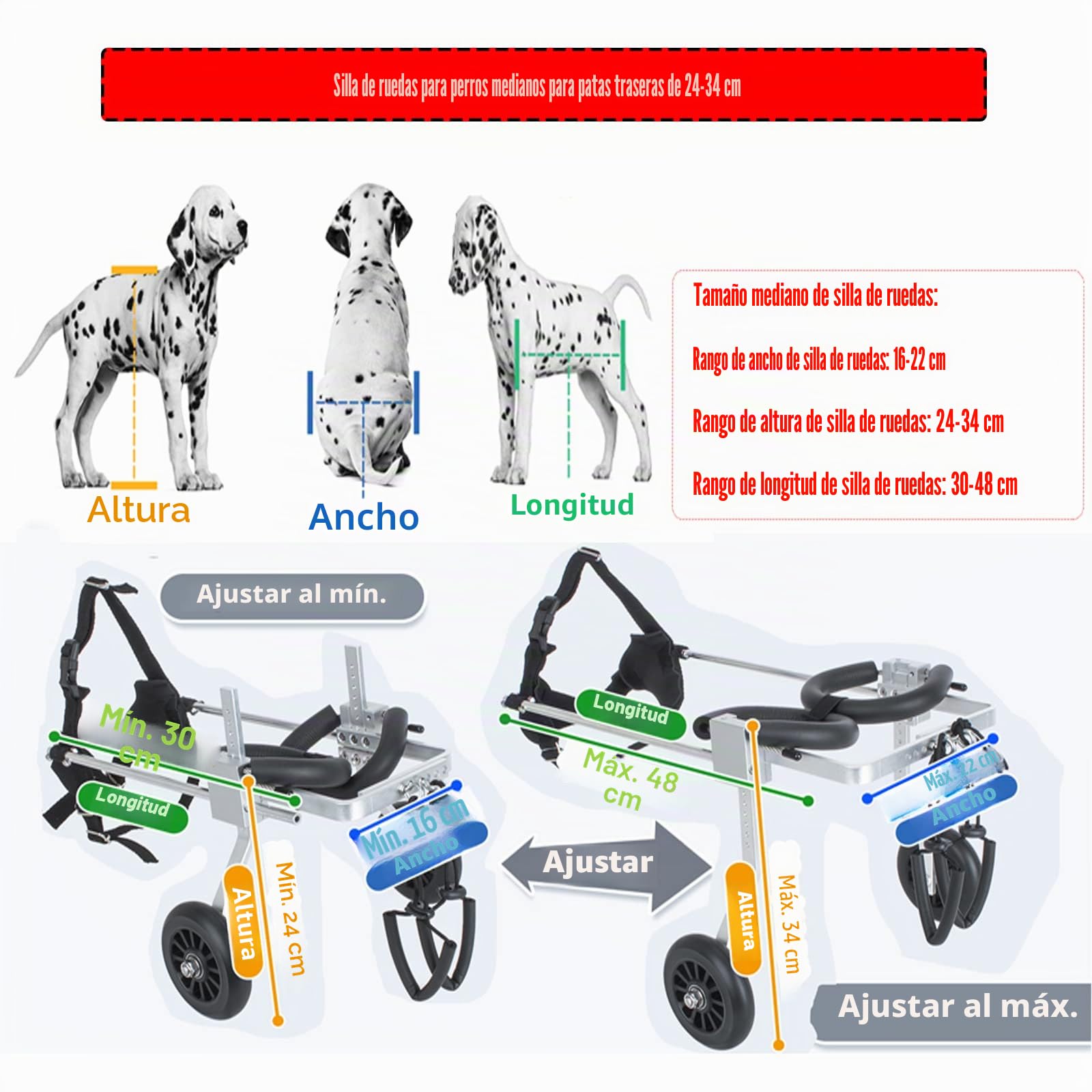 Silla de ruedas ajustable para perros para patas traseras, rehabilitación, 2 ruedas, silla de ruedas mediana para patas traseras de 24-34 cm, perros de 5 a 14 kg