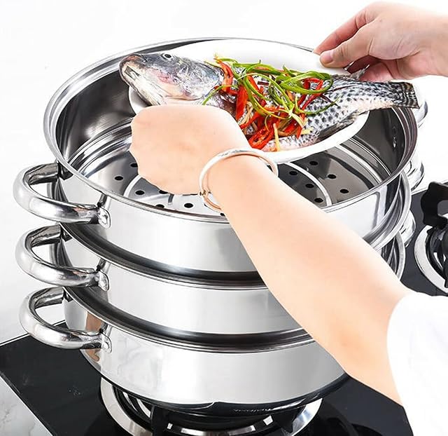 3 Tier Steamer Set 28cm Stainless Steel Food Steam Pots Cooker with Tempered Glass Lid
