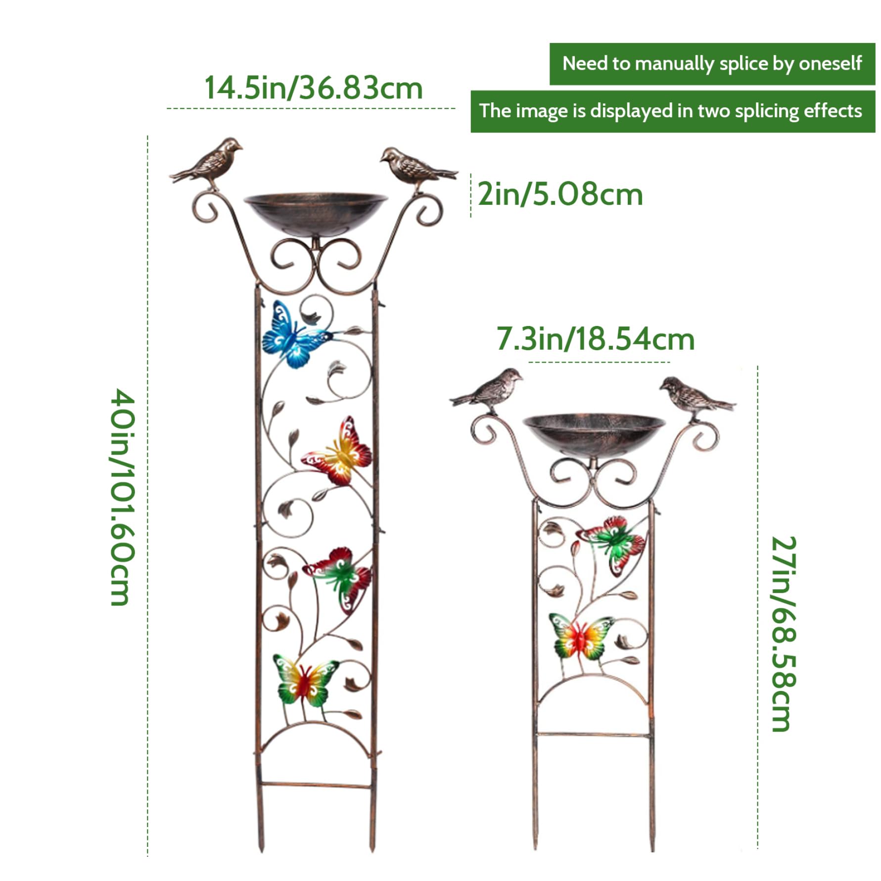 Baignoire d'oiseaux avec treillis de jardin, treillis de jardin en métal de 1 m / 40 pouces avec plateau de bains d'oiseau de 7,3 pouces, mangeoire à eau d'oiseau détachable, treillis pour les plante
