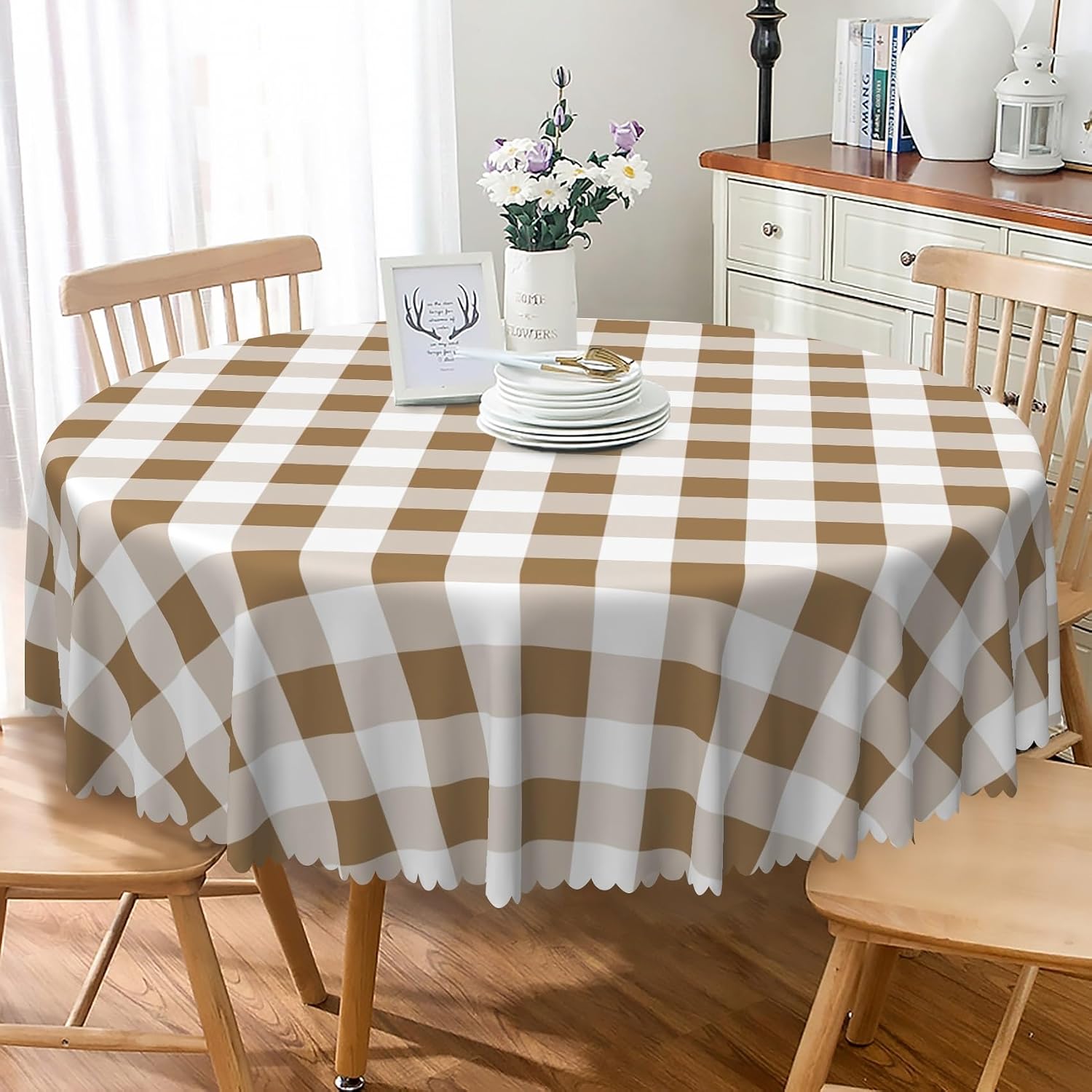 Laeacco 42 Inch Checkered Round Tablecloth White and Khaki Buffalo Plaid Table Cloth Washable Waterproof Wrinkle Free Table Cover for Farmhouse Kitchen Dining Room Picnic Birthday Party Decoration