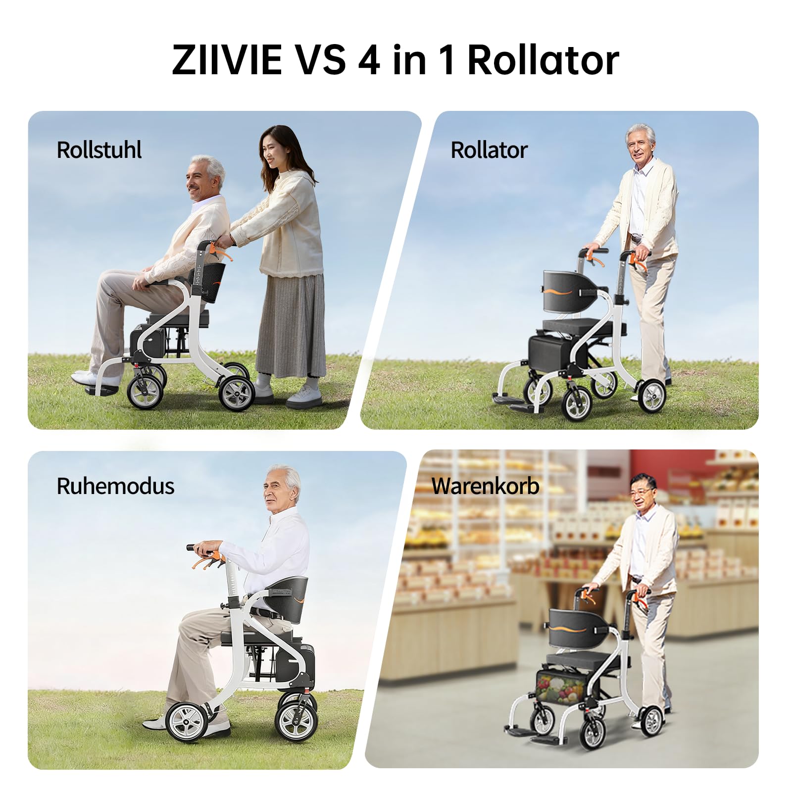 Montagefreier Rollator Rollstuhl 4 in 1 Faltbar und Leicht mit Sitz, Geländegängige Vollgummireifen, Rollatoren für Senioren und erwachsene mit Einkaufstasche, 6-Stufige Verstellbare Griffe