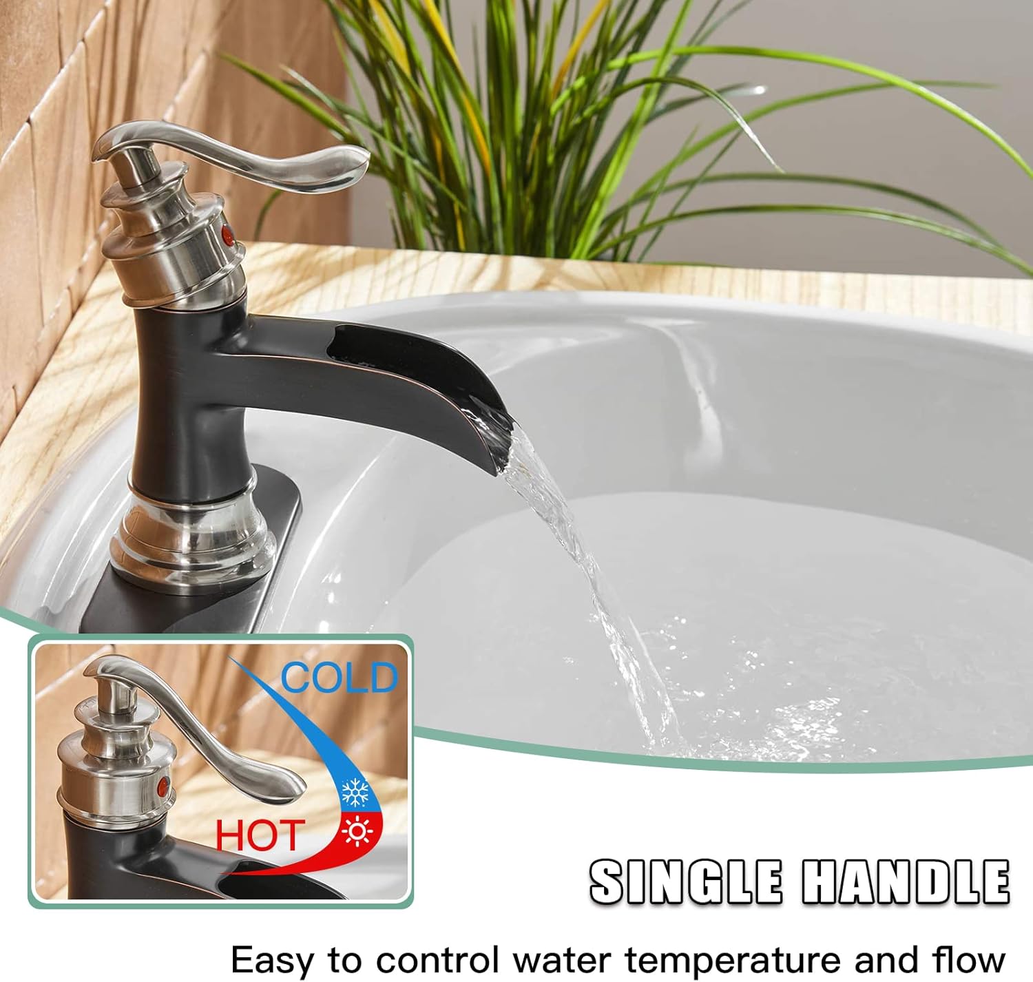 BWE Waterfall Bathroom Faucet Single Hole Bundle with Pop Up Drain Bathroom Faucet Vessel Vanity Sink Drain