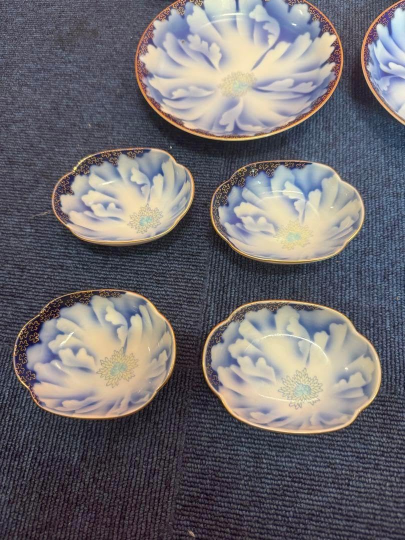 1897深川製磁 牡丹金ミル 楕円中皿2客 丸皿2客