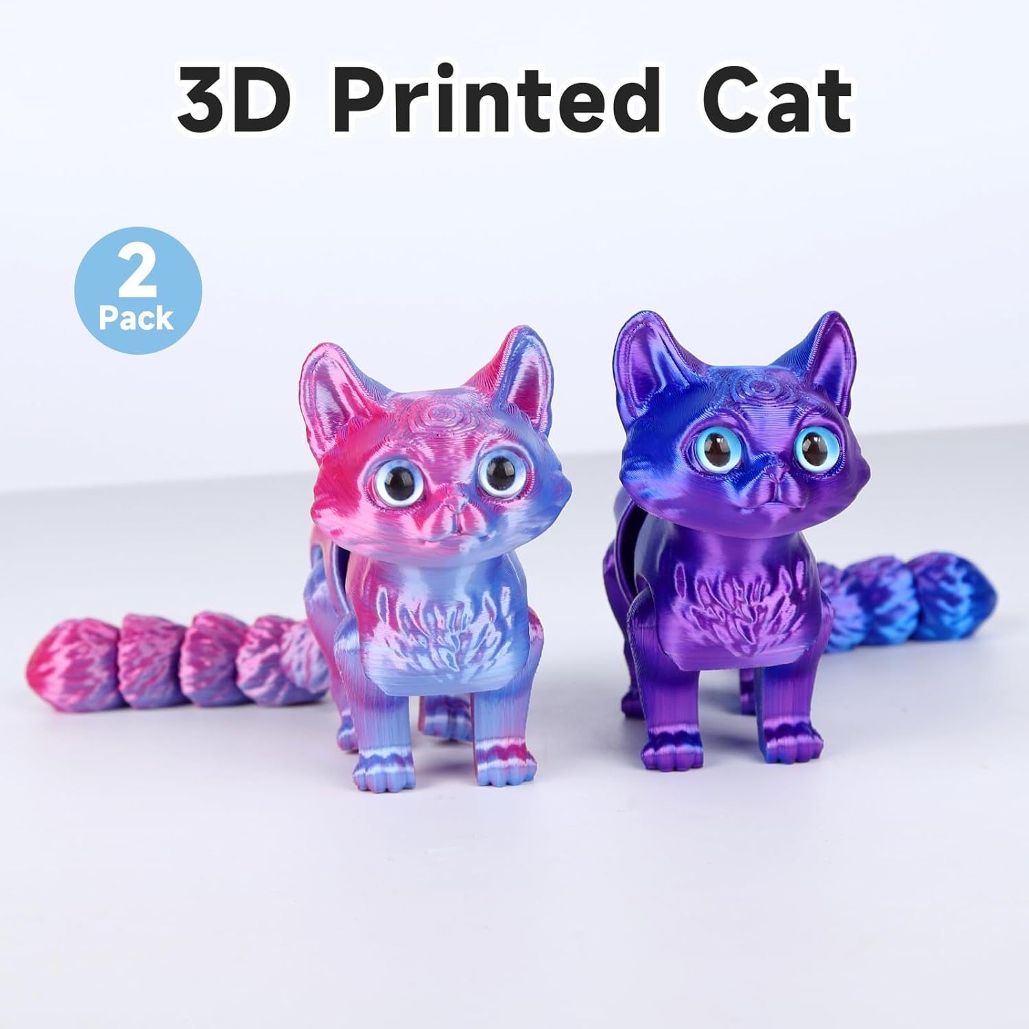 2Pack 3D Printed Cat,3D Printed Cat, 3D Print Animals, 3D Printed Fidget Toys Flexible Joints Pink Blue & Blue Purple
