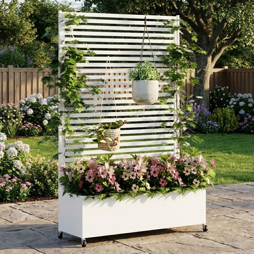 Aiuola rialzata in metallo con ruote, fioriera da esterno in metallo con traliccio, fioriera da esterno indipendente con schermo per la privacy, per fiori, verdure in giardino, patio, balcone