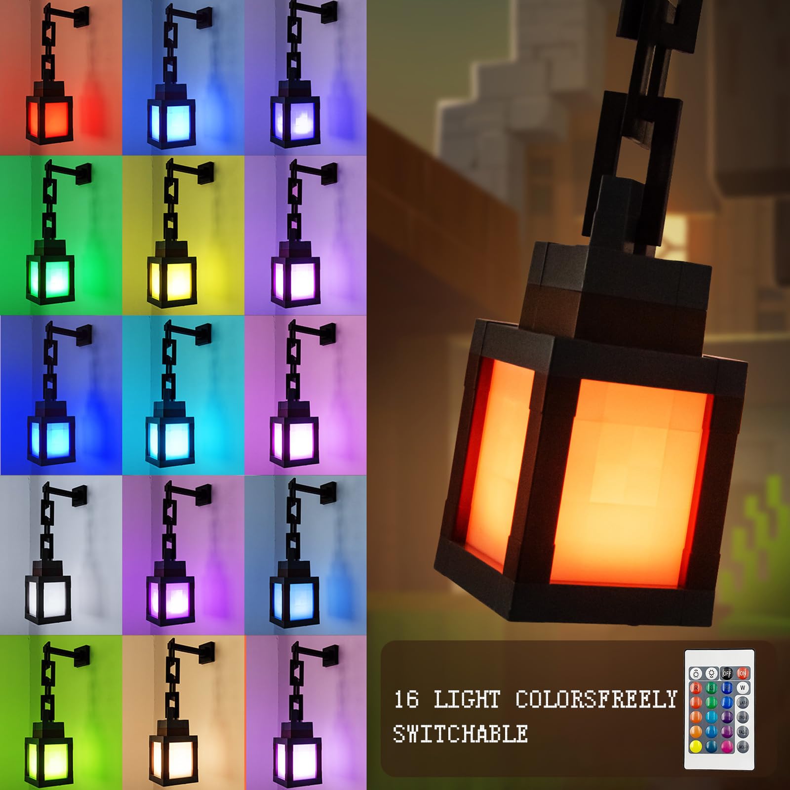 DAZZTIME Pixelated Lantern Nachtlicht,Wall Fackel Nachtlicht,Tragbare Wandlampe,LED Wall Stimmungslicht,16 Farben Mit Fernbedienung & Dimmfunktion,für Zimmer Gamerzimmer