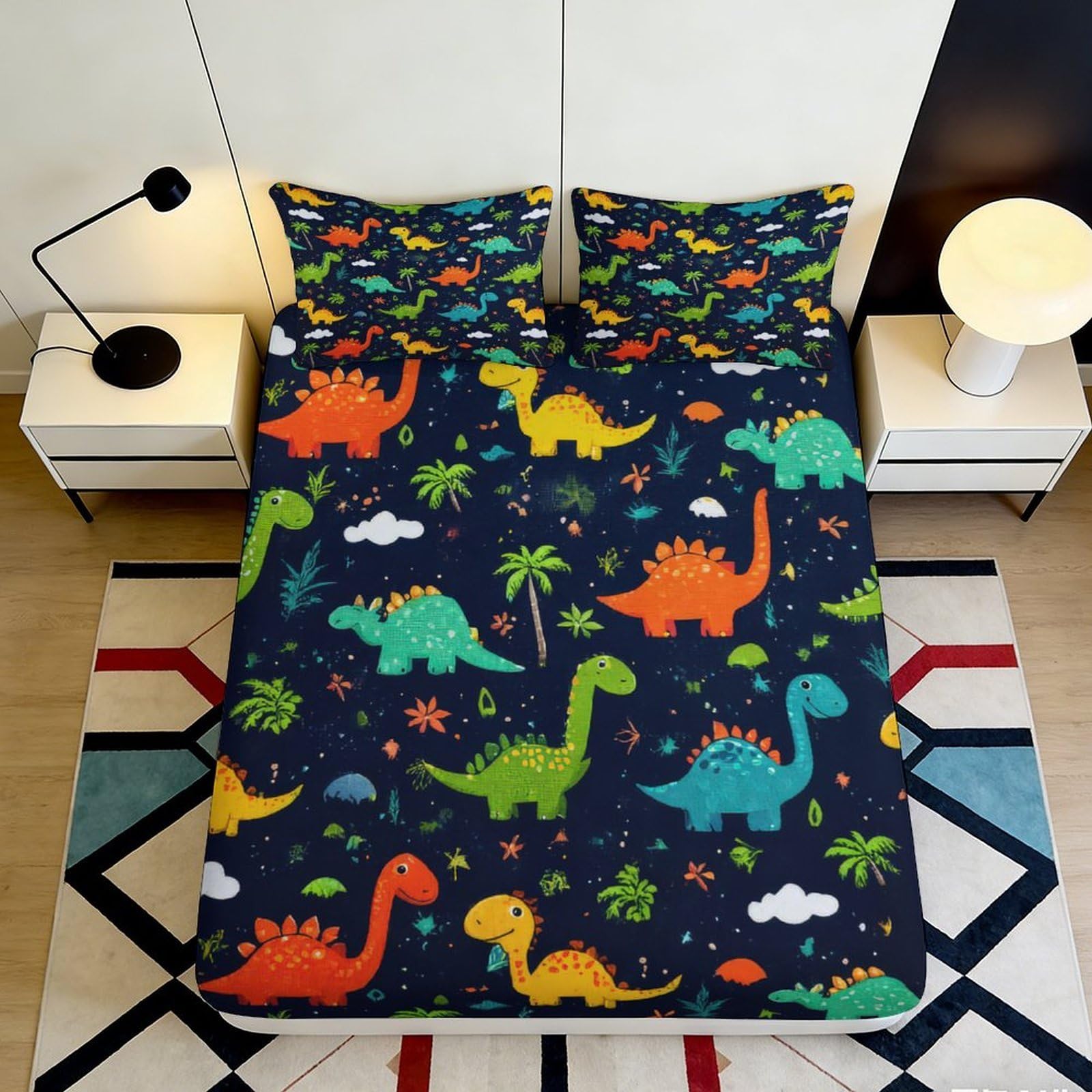 3D Printed Dinosaur Fitted Sheet Microfiber Soft Vibrant Jungle Bed Cover for Bedroom Guest Room Mattress Protection Decor 90x200x25cm