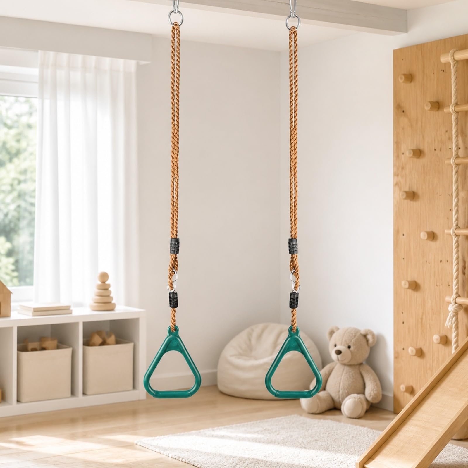 Anelli da Arrampicata con Corda Regolabile Resistente Gioco Sospeso con Manici Triangolari Portatile per Giardino, Area Giochi