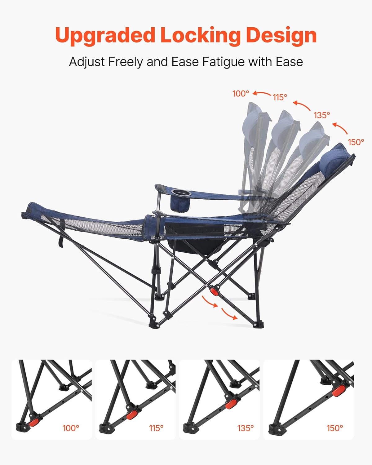 VEVOR 2-in-1 Reclining Camping Chair with Footrest for Adults, 4 Adjustable Positions, Portable Folding Lounger, Lightweight Mesh Beach Chair Supports 220lbs, Heavy Duty Camp Chairs Outdoor, Blue