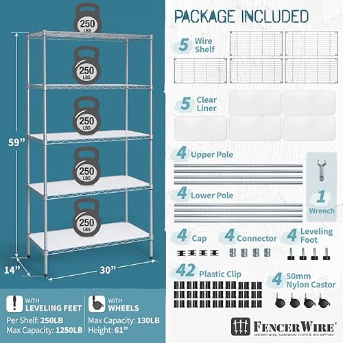 Miniatura 10 de Fencer Wire NSF Estantería de alambre de altura ajustable con forro y ruedas, estantería de almacenamiento de sótano rodante, estantería de