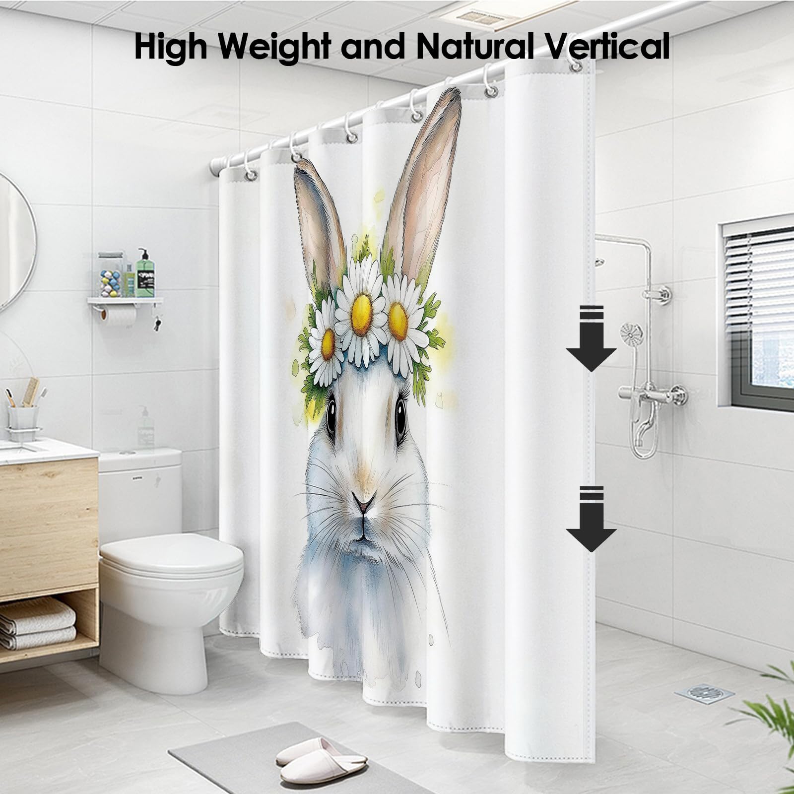 Rideau De Douche Daisy Bunny Animaux À L'Aquarelle Tissu Imperméable Lavable avec Crochets Anti Moisissure en Polyester Rideau Douche pour Salle De Bain