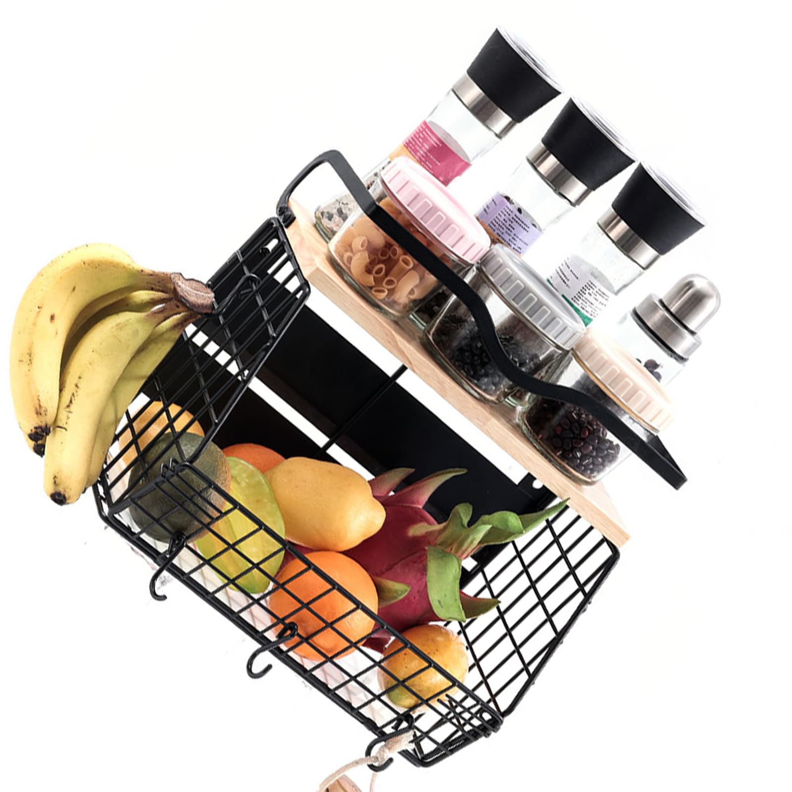 Pliable Wall Mounted Fruit Basket for Kitchen Storage Extreme Load 13kg Wood Mild Steel Planner Rack