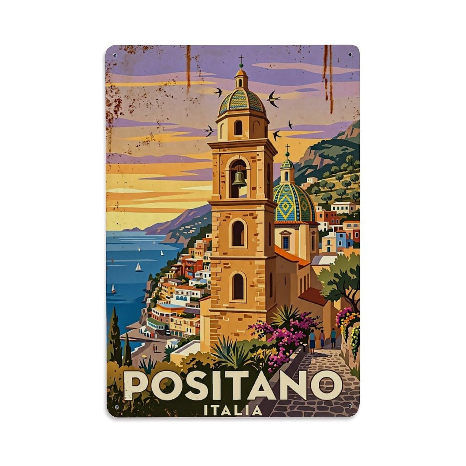 Huiyhb 8X12inch(20X30cm) Vintage Travel Positano Italy Golden Bell Tower Metal Tin Sign